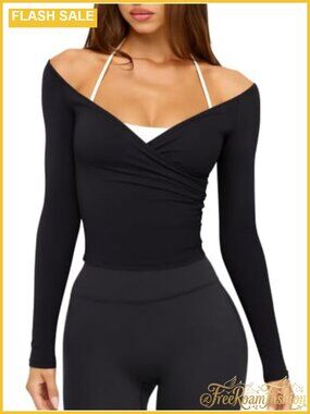 Womens Long Sleeve V Neck Wrap Crop Workout Top Yoga Gym